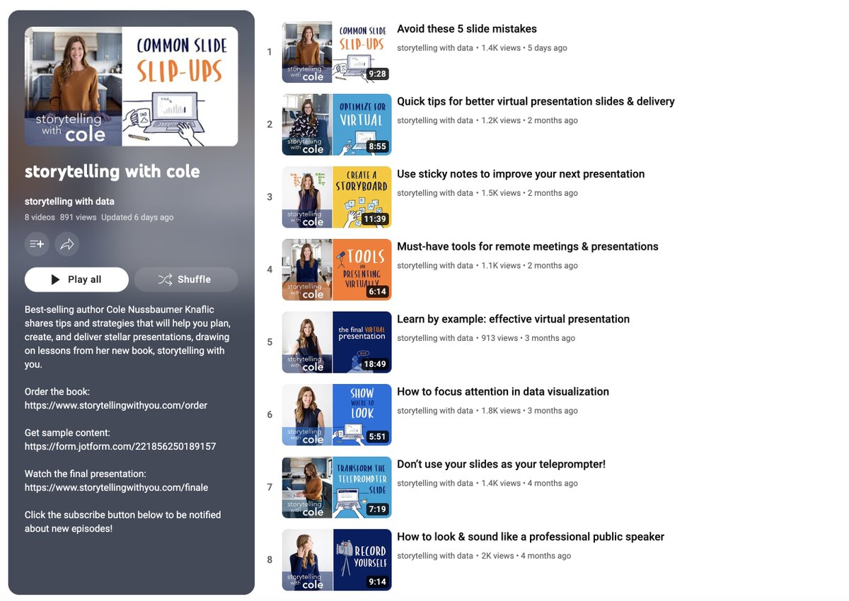 storywithdata's tweet photo. Do you have a colleague who could benefit from better presentations? Share the *storytelling with cole* video series, where I show how to plan, create &amp; deliver stellar graphs, slides &amp; presentations: https://t.co/Ye09wwnhVm https://t.co/UPUtVN1inE