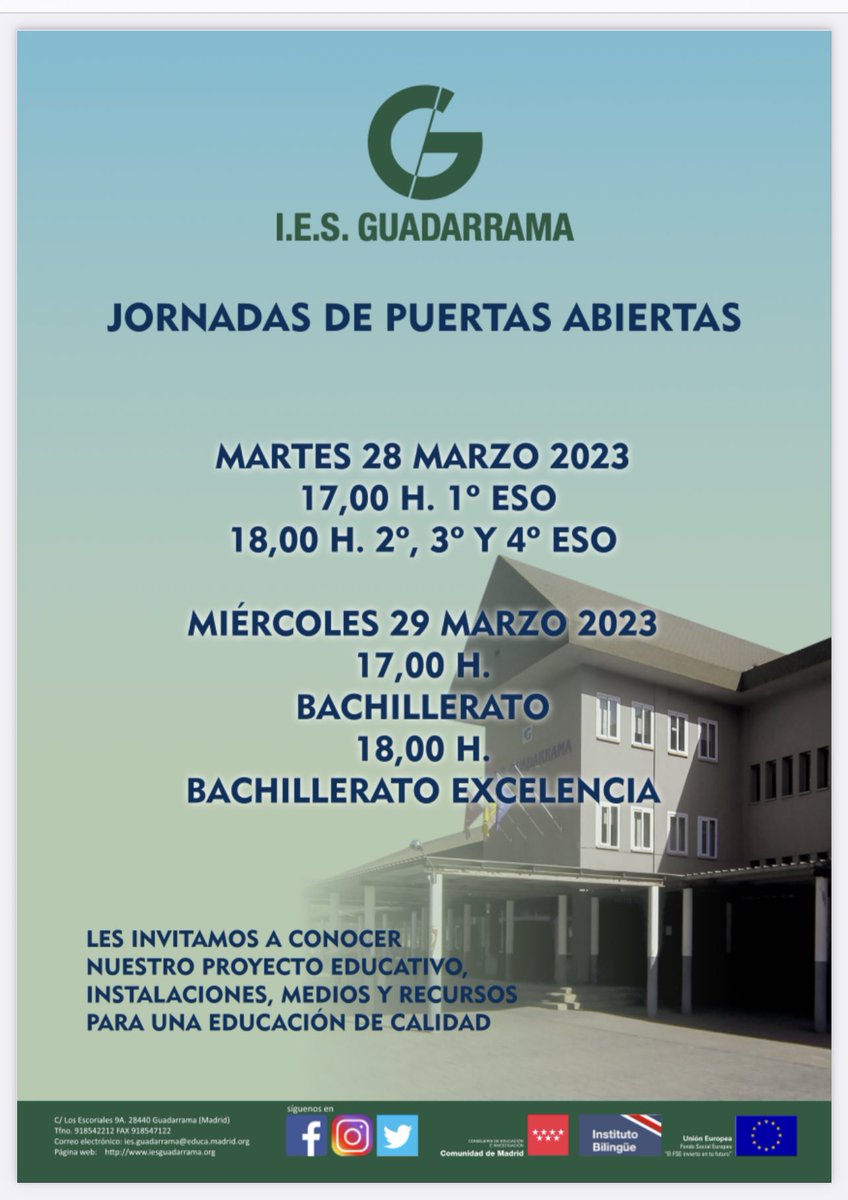 📣 Ya tenemos fechas para las jornadas de puertas abiertas:

📆28 y 29 de marzo‼️
📍IES Guadarrama 
🔗iesguadarrama.org

🔜🔜 Os esperamos‼️