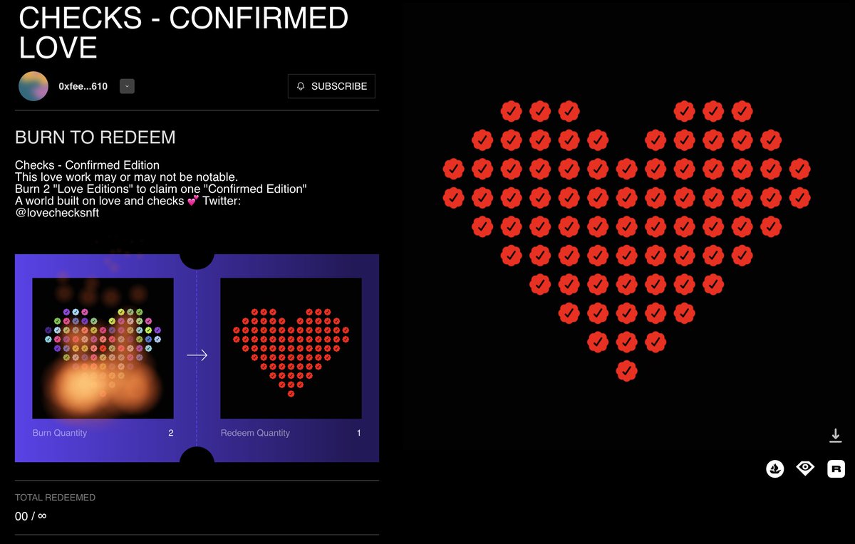 LoveChecksNFT's tweet photo. Thanks to everyone who minted a "Checks - Love Edition" token. 

Now its time to burn it, to receive a "Checks - Confirmed Edition" token.
❤️ 👇
https://t.co/AJhI4W52oh

#ChecksVV #ValentinesDay 

Proudly crated with @manifoldxyz https://t.co/qw4kXq1cE0