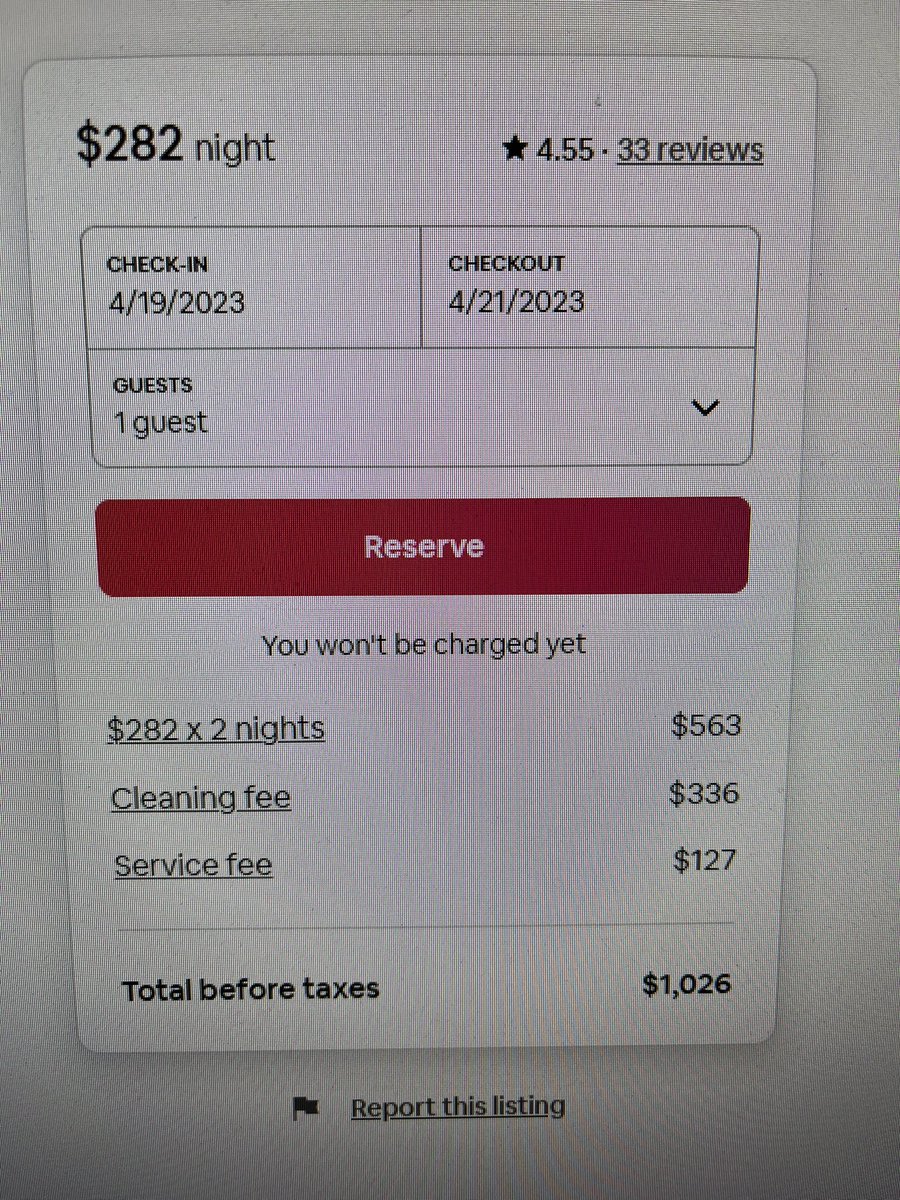 samparry's tweet photo. Remember when @Airbnb was cool and you could find awesome deals and traveling was affordable……..that was a fun little window in time. #hotels #traveling #cleaningfees https://t.co/MbFhmeKP9s