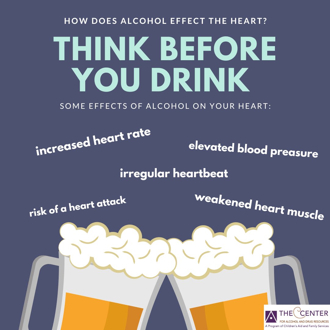 TCADR's tweet photo. Think before you drink! These are just some of the effects that alcohol can have on your heart. For optimal heart health be sure to monitor your intake of alcohol. #hearthealthawareness #thinkbeforeyoudrink https://t.co/uaD3a5fYax
