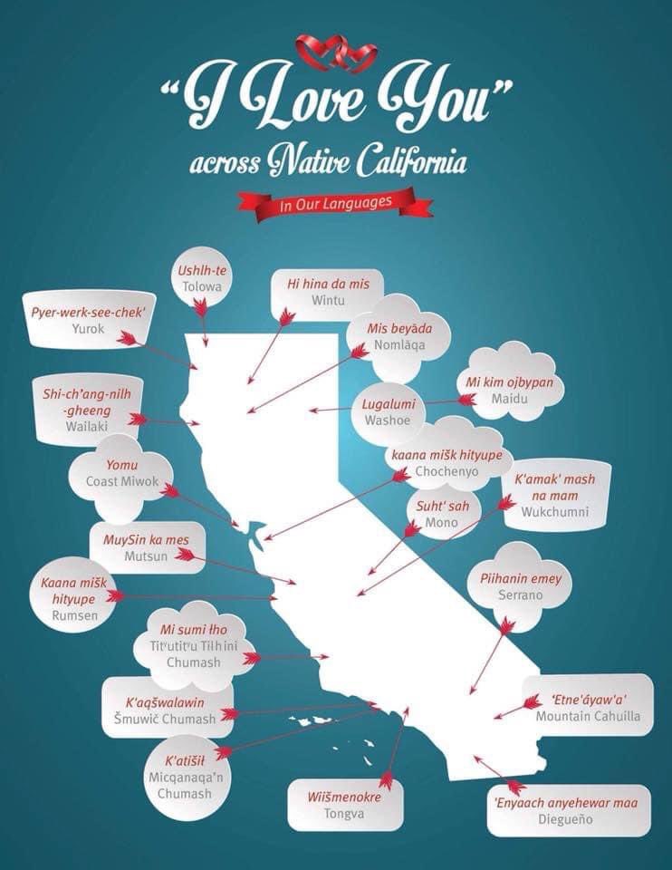 Sharing some of our beautiful California Native languages this Valentine's Day with "I love you" from across the state.

“Wiismenokre” means “I love you” in the Tongva language.
