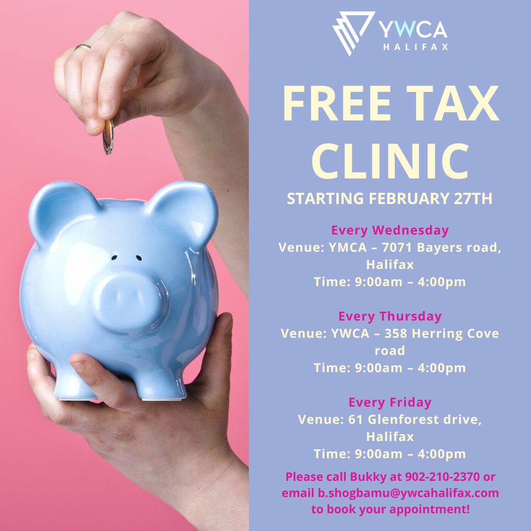 Have you done your taxes yet?
YWCA will be hosting a free tax clinic starting February 27th on Wednesdays, Thursdays, and Fridays. 
Please call Bukky at 902-210-2370 or email b.shogbamu@ywcahalifax.com to book your appointment.