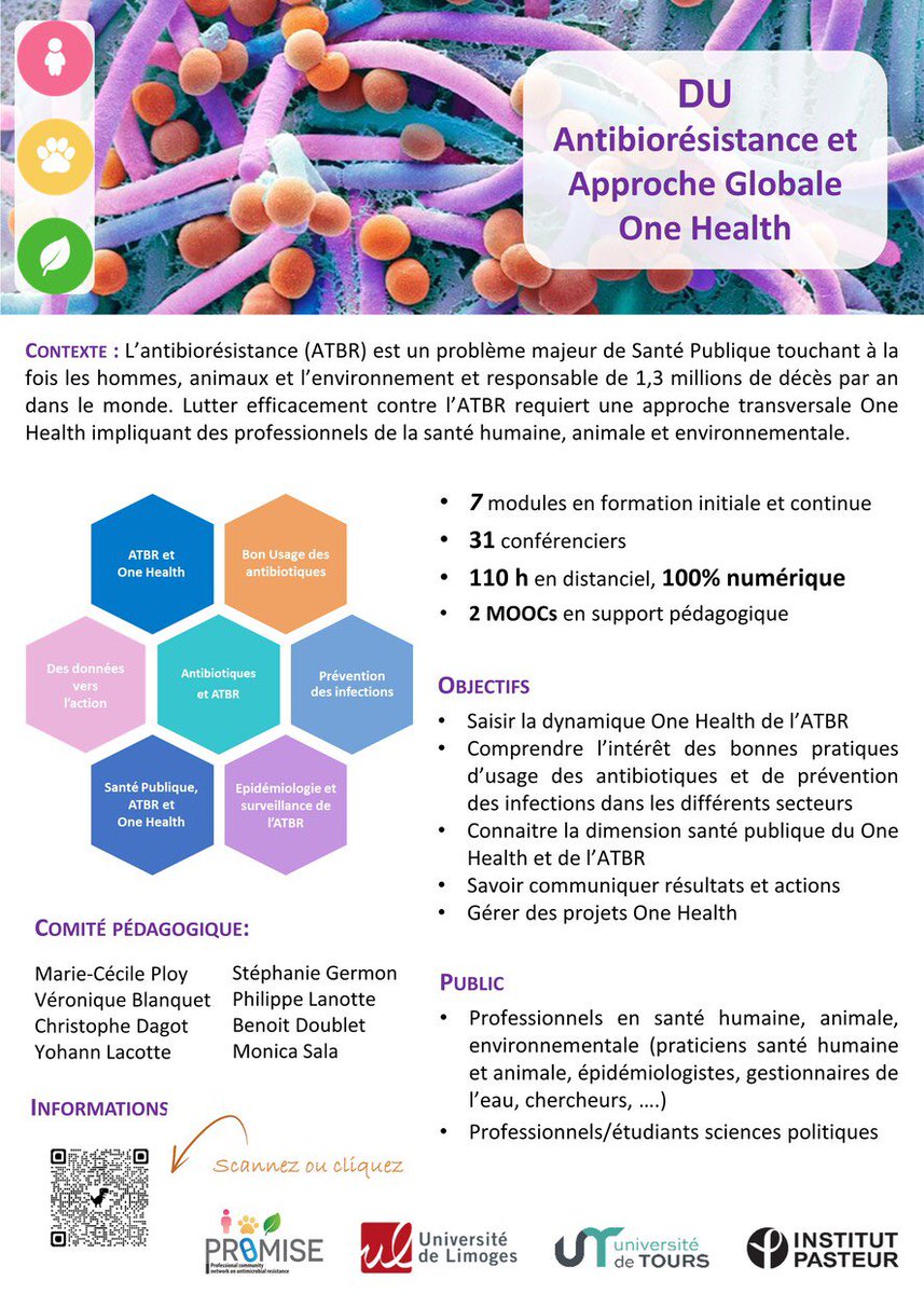 Marie Ploy (@marie_ploy) on Twitter photo Ravie d’annoncer l’ouverture de notre DU « Antibioresistance et approche One Health ». Un DU 100% numérique. Rejoignez-nous! Et parlez-en autour de vous. <a href="/ProjetPromise/">PROMISE - Professional community network on AMR</a> <a href="/charles_cazanav/">Charles.Cazanave</a> <a href="/Genevieve_Hery/">Geneviève HéryArnaud</a> <a href="/SFM_Envir/">SFM Microbiologie environnementale</a> <a href="/je_ppri/">JePPRI</a> <a href="/peyo3319/">parneix pierre</a> <a href="/sfm_jm/">Section Des Jeunes Microbiologistes de la SFM</a> <a href="/RuppeEtienne/">Etienne Ruppé</a> <a href="/Inserm/">Inserm</a> <a href="/BenoitDoublet/">Benoît Doublet</a> Ravie d’annoncer l’ouverture de notre DU « Antibioresistance et approche One Health ». Un DU 100% numérique. Rejoignez-nous! Et parlez-en autour de vous. <a href="/ProjetPromise/">PROMISE - Professional community network on AMR</a> <a href="/charles_cazanav/">Charles.Cazanave</a> <a href="/Genevieve_Hery/">Geneviève HéryArnaud</a> <a href="/SFM_Envir/">SFM Microbiologie environnementale</a> <a href="/je_ppri/">JePPRI</a> <a href="/peyo3319/">parneix pierre</a> <a href="/sfm_jm/">Section Des Jeunes Microbiologistes de la SFM</a> <a href="/RuppeEtienne/">Etienne Ruppé</a> <a href="/Inserm/">Inserm</a> <a href="/BenoitDoublet/">Benoît Doublet</a>