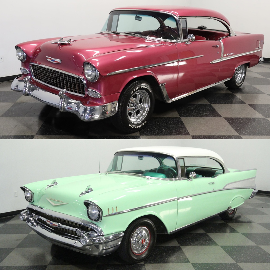 streetsidecars's tweet photo. #TriFives! This 1955 #Chevrolet 210 Hard Top and 1957 Chevrolet Bel Air Hard Top are both from our #Tampa showroom! Which do you prefer? View these and over 1,600 more collector vehicles by visiting https://t.co/CG3RbkLHlE https://t.co/lOXXa528tG