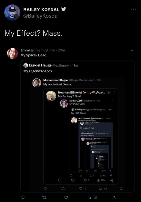 Screenshot of multiple quote retweets iterating on this video game title meme. Examples include "My Effect? Mass", "My Space? Dead" and "My Legends? Apex."