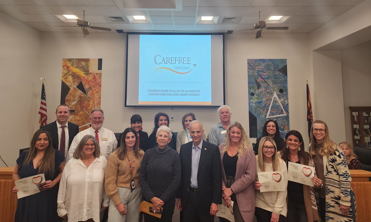 Congratulations to our second semester Carefree Cares Excellence Awards winners!  Award winners were honored at last night's Governing Board meeting by the Mayor of Carefree, John Crane, and Vice-Mayor Cheryl Kroyer.   #oneteam #cavecreekaz