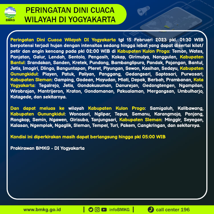infoBMKG's tweet image. Update Peringatan Dini Cuaca Wilayah - DI Yogyakarta Tgl. 15 Februari 2023 pkl. 02:00 WIB
Prakirawan - BMKG - DI Yogyakarta
nowcasting.bmkg.go.id/nowcast?kodwil…