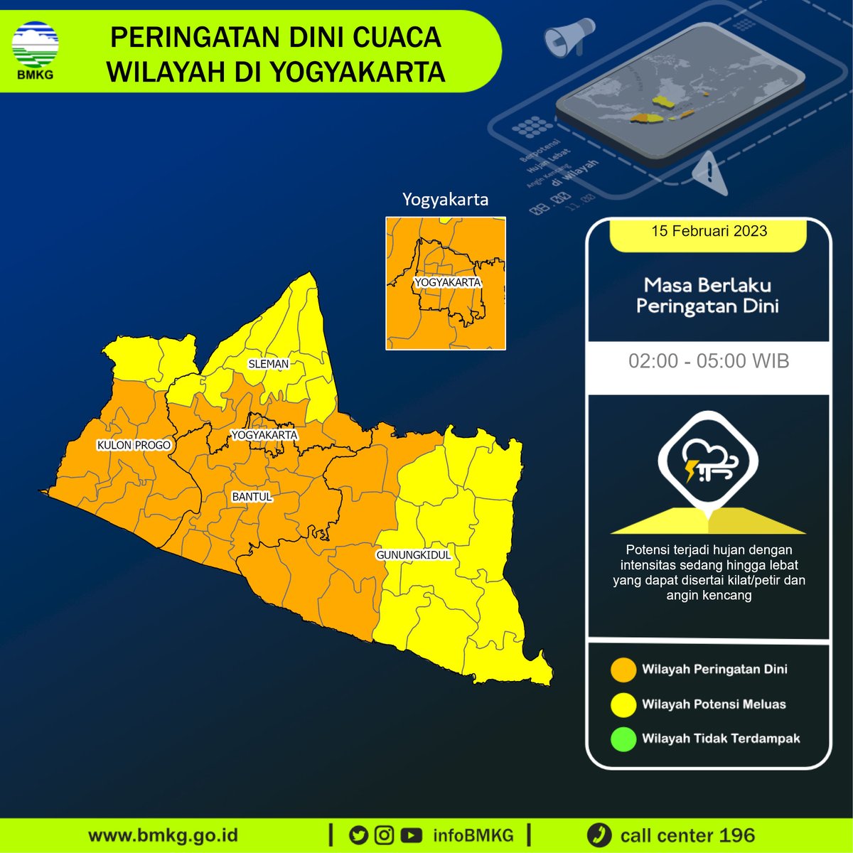 infoBMKG's tweet image. Update Peringatan Dini Cuaca Wilayah - DI Yogyakarta Tgl. 15 Februari 2023 pkl. 02:00 WIB
Prakirawan - BMKG - DI Yogyakarta
nowcasting.bmkg.go.id/nowcast?kodwil…