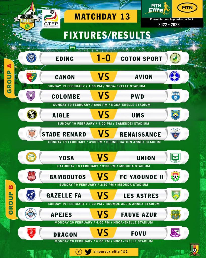 Programme de la 13ème journée en élite one! <a href="/asarm_club/">Aigle Royal de la Menoua</a> reçois le leader Ums de Loum ,<a href="/StadeRenard/">STADE RENARD FC</a>  attend de pied ferme <a href="/Rfc_ngoumou/">Renaissance FC De Ngoumou_Officiel</a> . Dans la poule B <a href="/BamboutosMbouda/">Bamboutos FC de Mbouda Officiel</a>  contre Yafoot , <a href="/yosabamenda237/">YOSA Bamenda</a> veux enchaîner devant <a href="/UnionDouala/">Union Sportive de Douala</a> . <a href="/FecafootOfficie/">Fecafoot-Officiel</a> @evra_geraud <a href="/CTFP9/">CTFP</a>