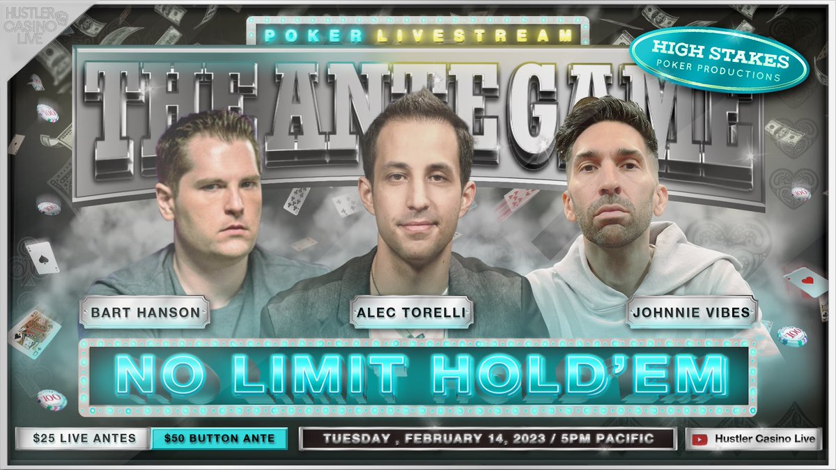 Playing the ante game tonight on <a href="/HCLPokerShow/">Hustler Casino Live</a>.

Pregame show starts at 3:30 with <a href="/BartHanson/">Bart Hanson</a>. 

Giving away a signed copy of “The Poker Coach” or a piece of merchandise to someone who retweets this and most closely guesses my result!

P.S. No folding tonight!