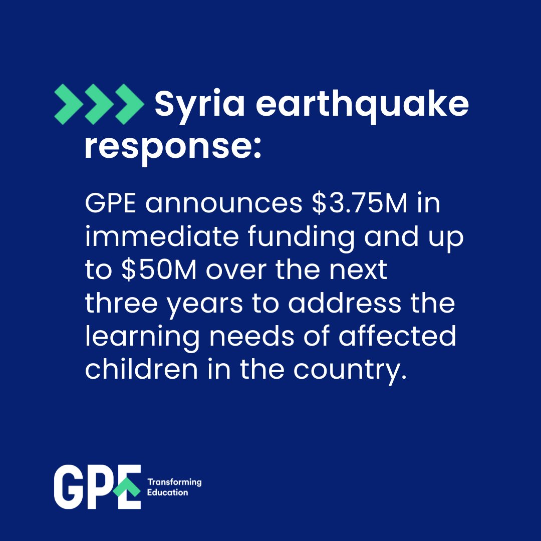 To help meet the most pressing education needs of 2.5 million children in #Syria affected by the devastating earthquake, GPE will immediately make available $3.75M to partners and up to $50M over the next 3 years to make sure children continue to learn: g.pe/Ufl650MS8CZ