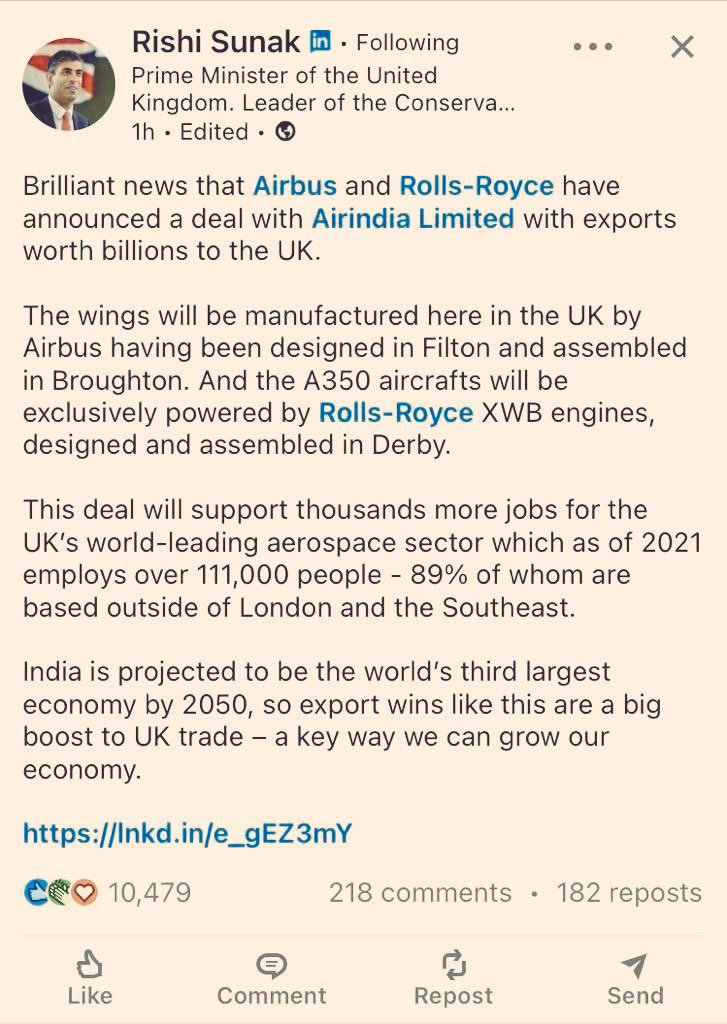 pallavict's tweet photo. OMG

Unbelievable

POTUS Joe Biden
UK’s Rishi Sunak
&amp; 
France’s Macron 

THANK India🔥

Modiji sells loss making Air India to original owners TATAs

&amp;

In one of BIGGEST plane deal in history ($ 80 Billion), Tata's AI to acquire 470✈️ from Airbus &amp; Boeing

#ModiHaiToMumkinHai 🔥 https://t.co/Mgm9Drz88A
