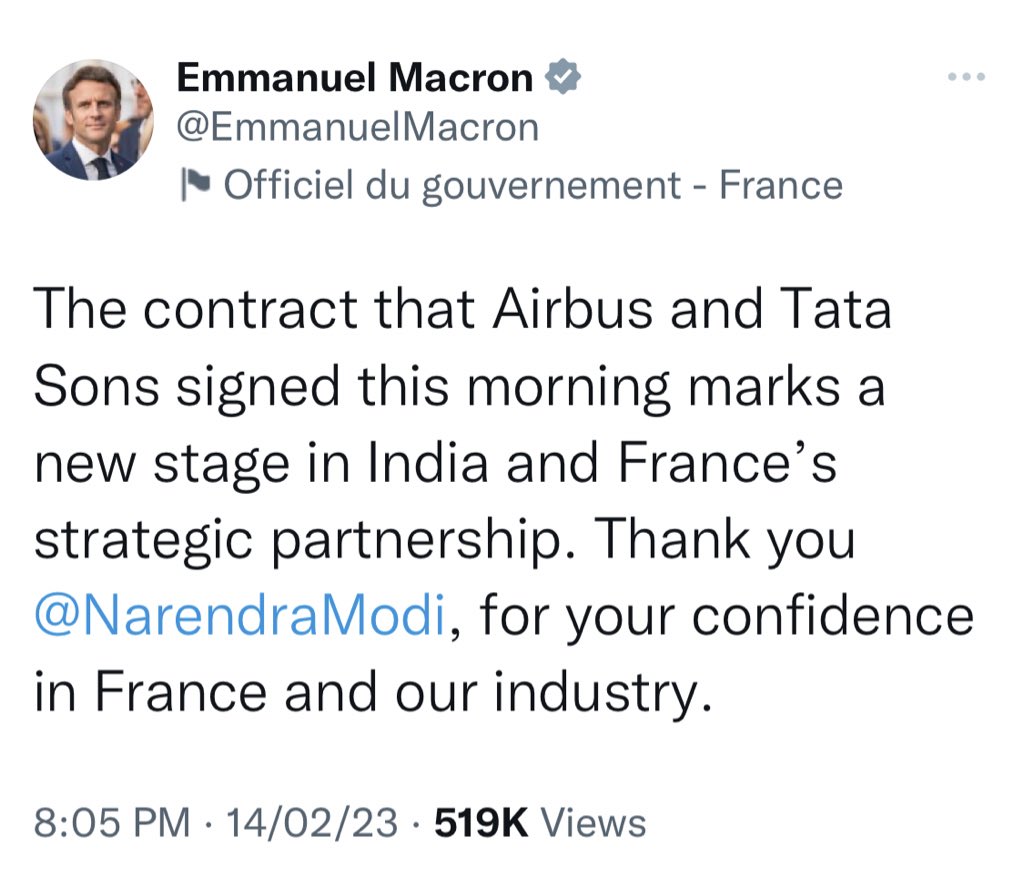 pallavict's tweet photo. OMG

Unbelievable

POTUS Joe Biden
UK’s Rishi Sunak
&amp; 
France’s Macron 

THANK India🔥

Modiji sells loss making Air India to original owners TATAs

&amp;

In one of BIGGEST plane deal in history ($ 80 Billion), Tata's AI to acquire 470✈️ from Airbus &amp; Boeing

#ModiHaiToMumkinHai 🔥 https://t.co/Mgm9Drz88A