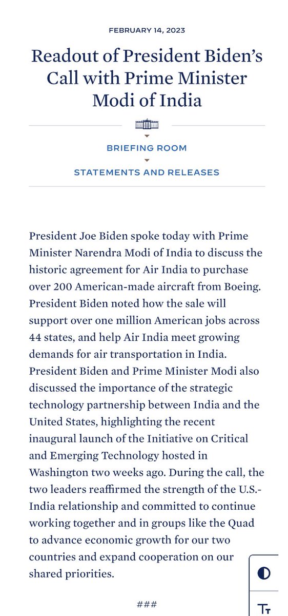 Readout of President Biden’s Call with Prime Minister Modi of India

whitehouse.gov/briefing-room/…