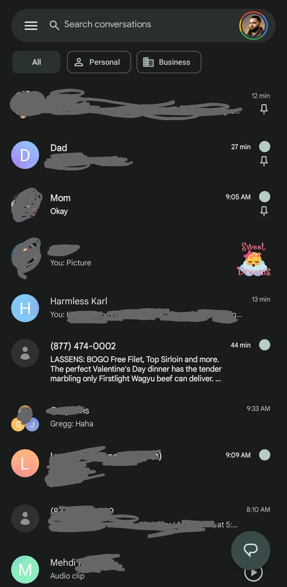 RydahDoesTech's tweet photo. Android Messages looks like it got a minor face lift. Unread bubbles are looking better and easier to see. #AndroidMessages #GoogleMessages https://t.co/XuA6jSCZ6g