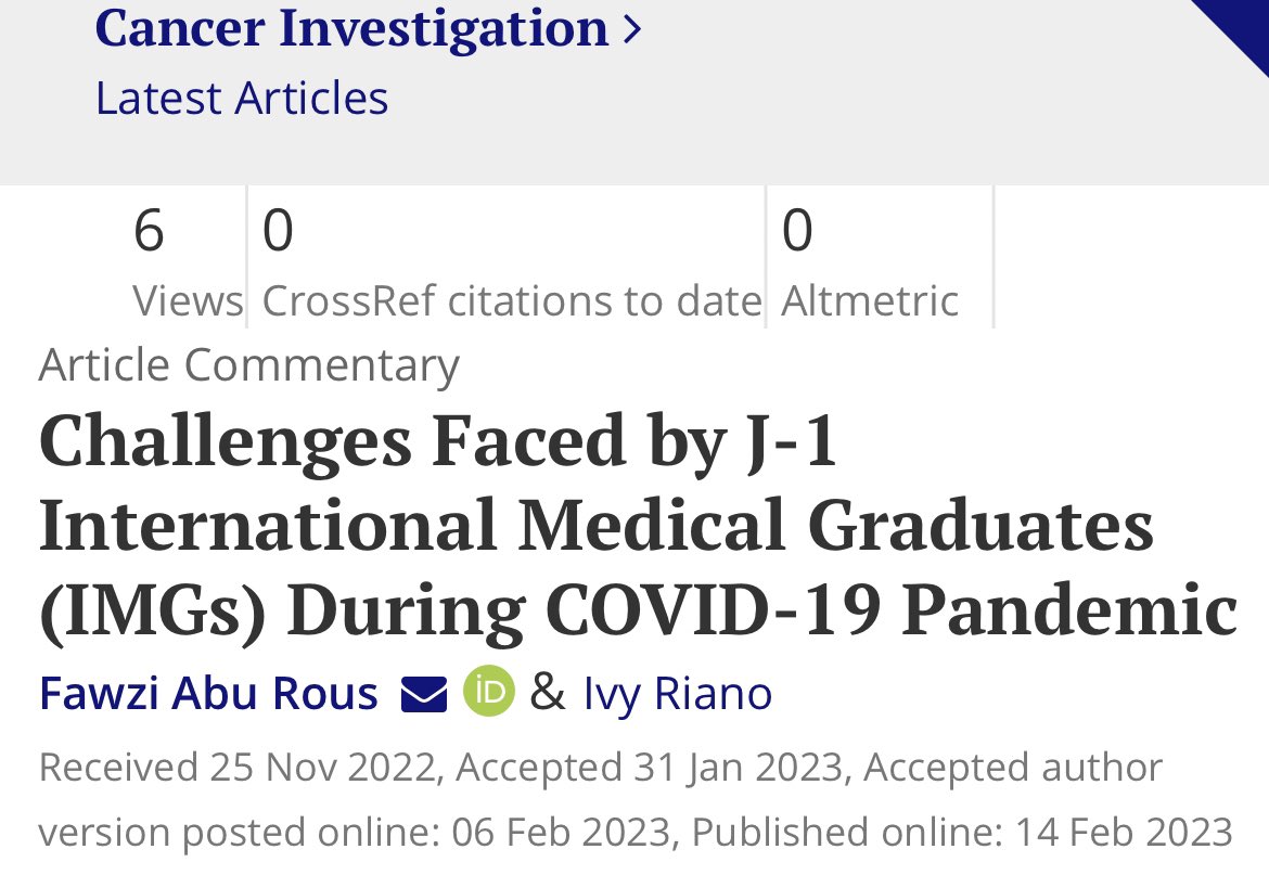 Ivy Riano, M.D. (@ivylorena_md) on Twitter photo I am pleased to share this article written with my colleague <a href="/FawziAbuRous/">Fawzi Abu Rous, MD</a>, in which we share our experiences as IMG during the COVID-19 pandemic
cc <a href="/ADesaiMD/">Aakash Desai, MD, MPH, FASCO</a>
tandfonline.com/doi/full/10.10… I am pleased to share this article written with my colleague <a href="/FawziAbuRous/">Fawzi Abu Rous, MD</a>, in which we share our experiences as IMG during the COVID-19 pandemic
cc <a href="/ADesaiMD/">Aakash Desai, MD, MPH, FASCO</a>
tandfonline.com/doi/full/10.10…