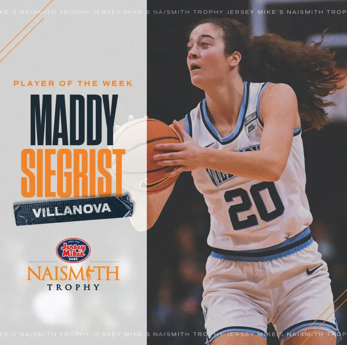 Maddy is HER 🤯 

Our <a href="/jerseymikes/">Jersey Mike's Subs</a> Naismith Women's College Player of the Week is Maddy Siegrist (<a href="/20sMaddy/">Maddy Siegrist</a>) 🏆 

The <a href="/novawbb/">Villanova WBB</a> forward posted 5️⃣0️⃣ points in ONE game this week as well as back-to-back double-doubles 🔥