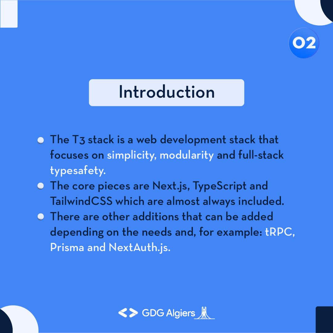 GDG_Algiers's tweet photo. In today's chapter of web it up, we'll explore the trendy web development stack "The T3 stack", why is it popular? what are its components? and what can be added to them?🤔 Through an eye and know it all!
#GDG #GDGAlgiers #webdevelopment #webdev #webdevstack  #T3stack https://t.co/RQrcB19Elm