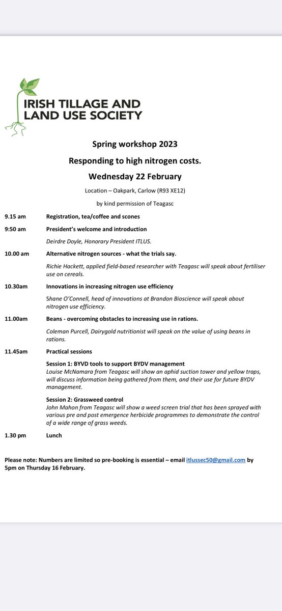 A reminder of our upcoming ITLUS spring workshop on the 22nd February. All are welcome &amp; pre booking is essential. €40 for members, €60 for non members (includes tea/coffee on arrival and lunch). Hope to see you there! 🌞🌱🌾🌞