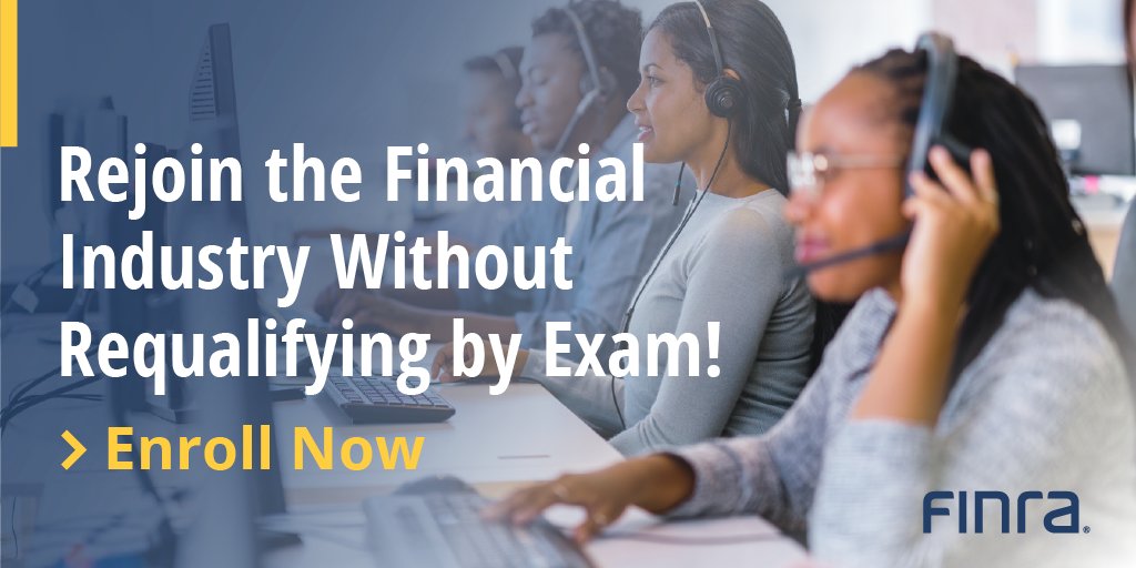 FINRA's tweet photo. Have you recently left the industry or terminated a registration? Your exams can remain valid for five years instead of just two—but only if you enroll in the optional Maintaining Qualifications Program (MQP). 

Learn more: https://t.co/KOrWggYR8c https://t.co/FOlNH52INZ