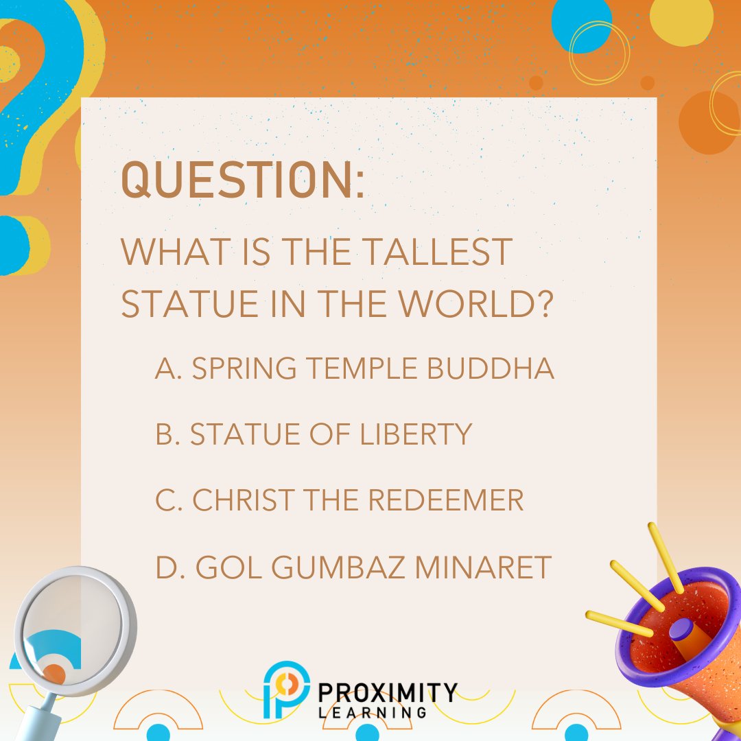 ProxLearning's tweet image. Put your knowledge to the test with our latest quiz! 🌍🧭

Who do you think holds the title of the tallest statue in the world? 🤔

Drop your educated guesses for today's quests and the correct answer will be announced this afternoon!

#GeographyTrivia #TallestStatue