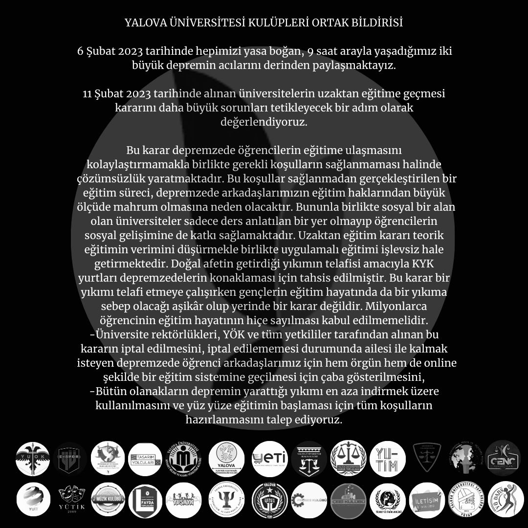 Yalova Üniversitesi öğrenci kulüplerinin ortak kararıdır. #uzaktan #universitelerkapatılmasın