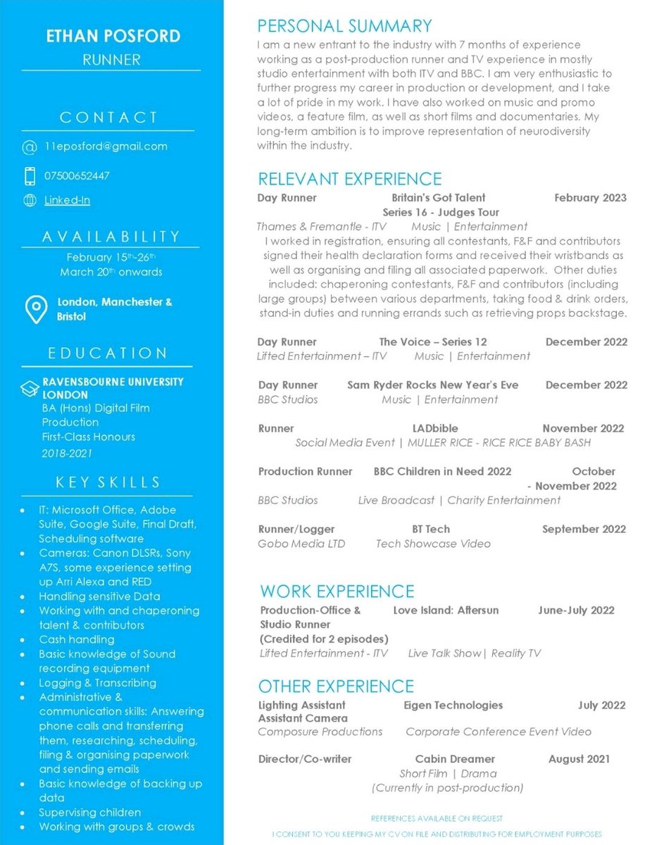 Retweets are very much appreciated.

I'm a freelance TV Runner with bases in London, Manchester and Bristol available for dailies from the 15th-26th of February before I start my next longer term contract.