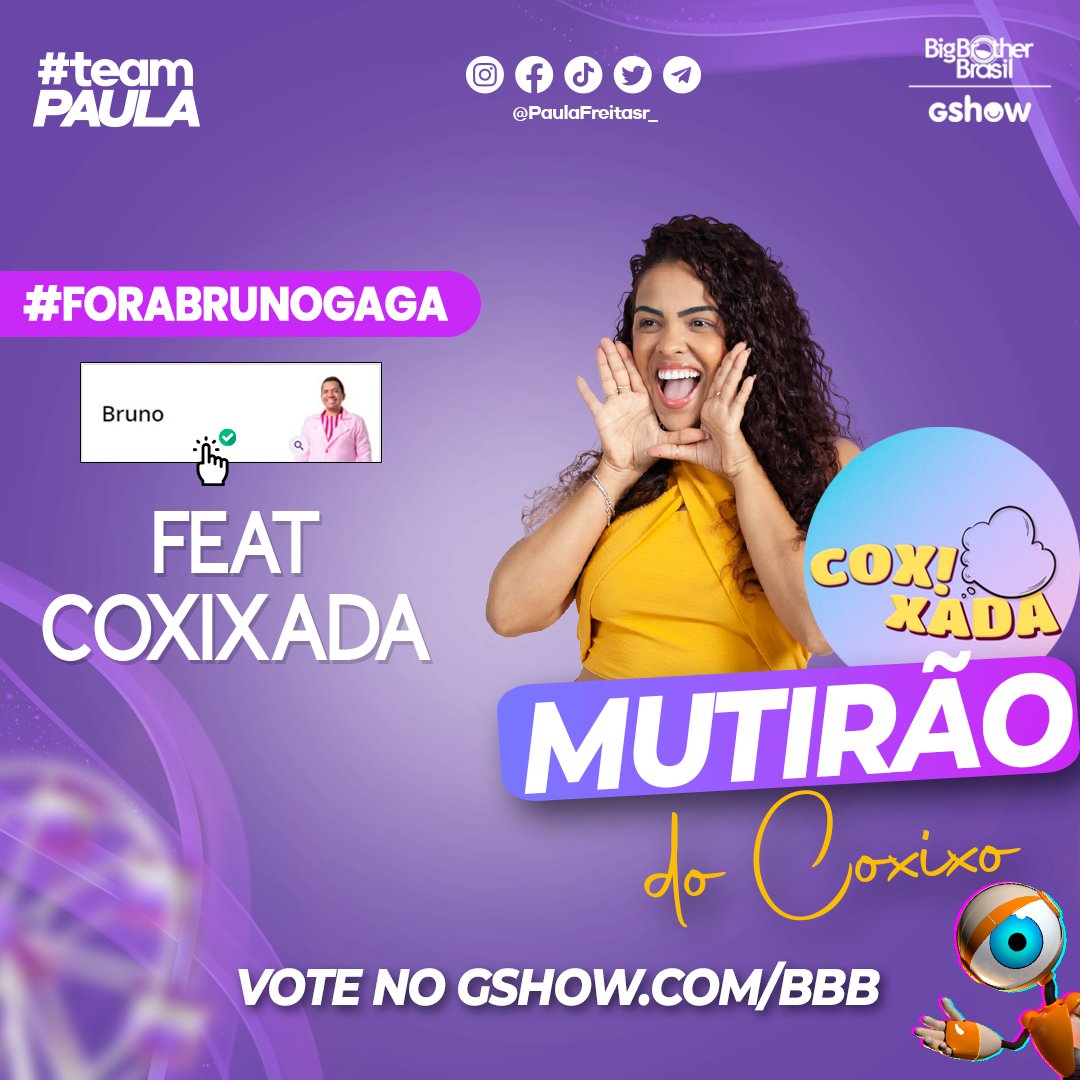 paulafreitasr_'s tweet image. 🎡 MUTIRÃO COXIXADA INICIADO   
❌️ 30 VOTOS NO BRUNO UM EMOJI
@coxixada
🕰 ENCERRAMENTO: 17H

🗳 META: FOCO NA VOTAÇÃO 
 
🏠 O VOTO É PARA ELIMINAR, VOTE BRUNO

🛜 LINK: glo.bo/3lv4uCh

#FicaPaula | #ForaBruno | #RedeBBBB