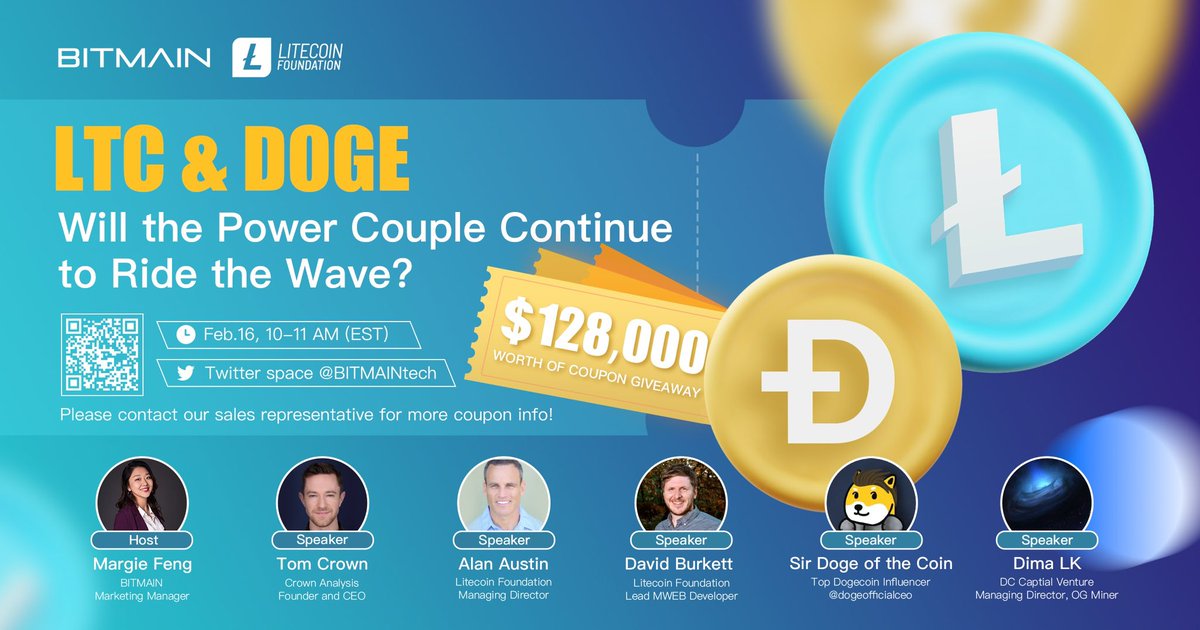 litecoin's tweet photo. 👉$LTC &amp; $Doge: Twitter Spaces
⏰Feb.16 7am PST / 10am EST 
🎁 $128,000 coupon Giveaway 
🔗 Set a reminder: https://t.co/YcK5uUKCJZ #Litecoin #Dogecoin https://t.co/wbPNVGrAT4