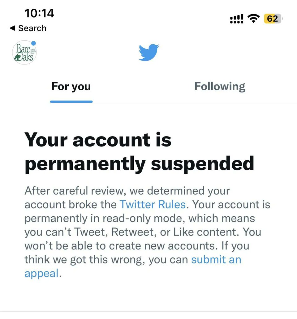 Bare Oaks has been suspended from Twitter😰