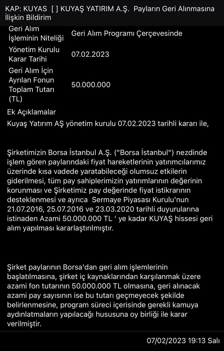 Bu süreçte ilk geri alım açıklayan firma olmanız sebebiyle, göstermiş olduğunuz hassasiyet için teşekkür ederiz! <a href="/kuyasyatirim/">Kuyaş Yatırım A.Ş.</a> 

Tüm firmalarımızdan aynı hassasiyeti bekliyoruz!

#KUYAS #XU100