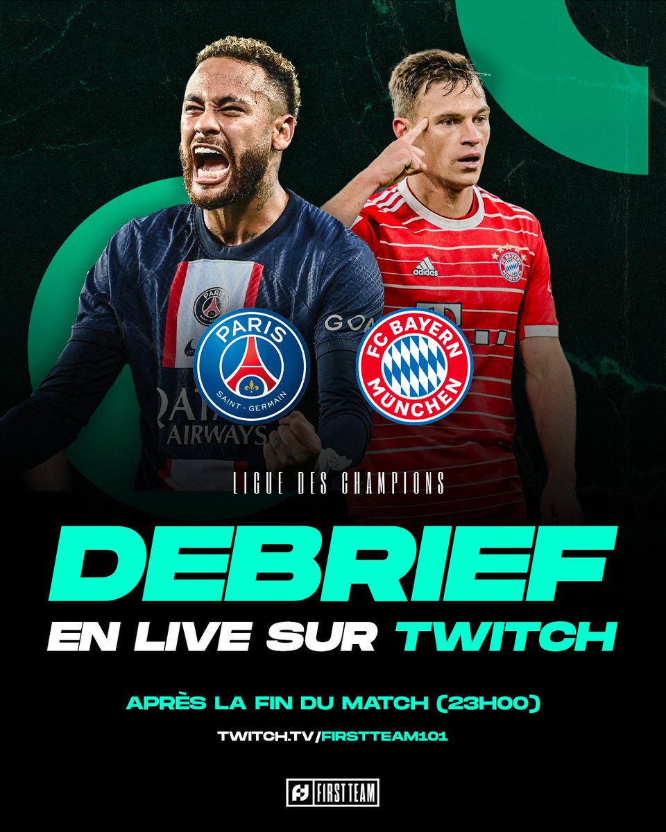 𝗗𝗘𝗕𝗥𝗜𝗘𝗙 𝗟𝗜𝗚𝗨𝗘 𝗗𝗘𝗦 𝗖𝗛𝗔𝗠𝗣𝗜𝗢𝗡𝗦 🍿

On sera en live sur Twitch juste après PSG - Bayern pour debriefer le match ! 📺

🚨 L’émission sera dispo en VOD sur notre chaîne YouTube ‘First Team Sports’

👉 twitch.tv/firstteam101