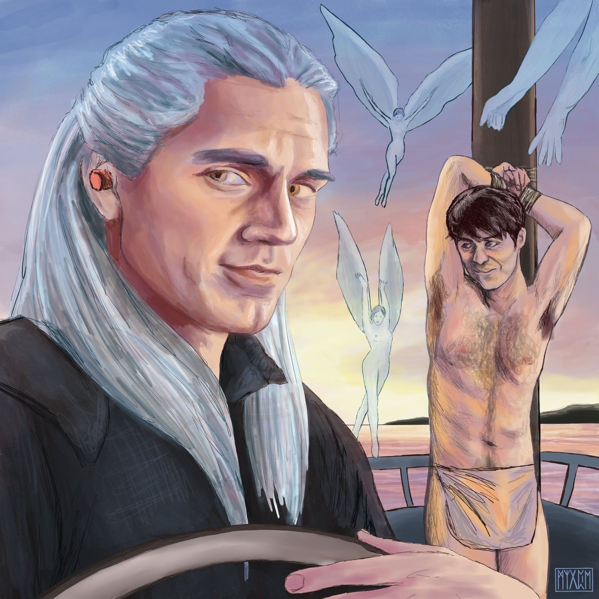 My mystery date art for <a href="/WtchrBowsNArrws/">Witcher Bows and Arrows</a> 

The prompt was 'sailing on a boat together', and what Valentine's day odyssey could please Jaskier more than safely listening to the siren songs by Geralt's side?

#WitcherBowsAndArrows2