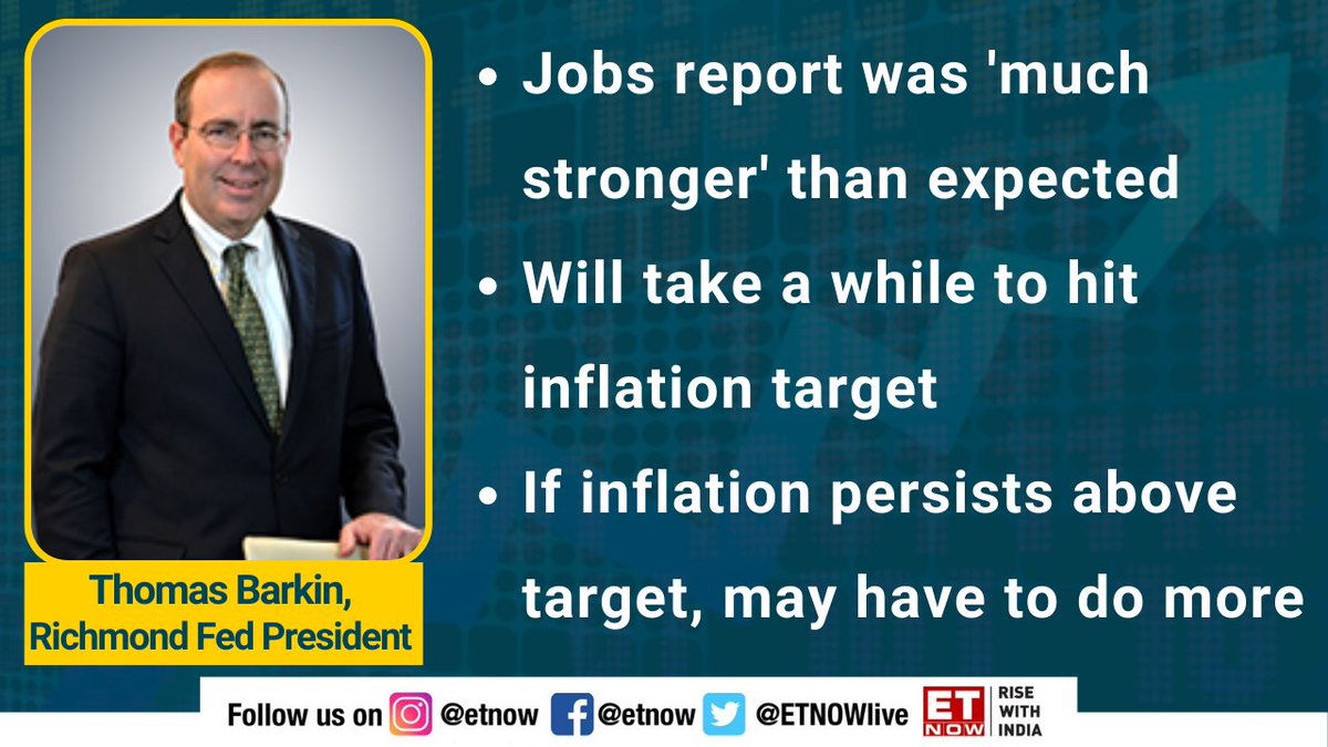 ETNOWlive's tweet photo. #GlobalNews | Richmond Fed President Barkin: Jobs report was 'much stronger' than expected
Will take a while to hit inflation target
@RichmondFed #ThomasBarkin #inflation #jobs https://t.co/4cbrWJcEKa