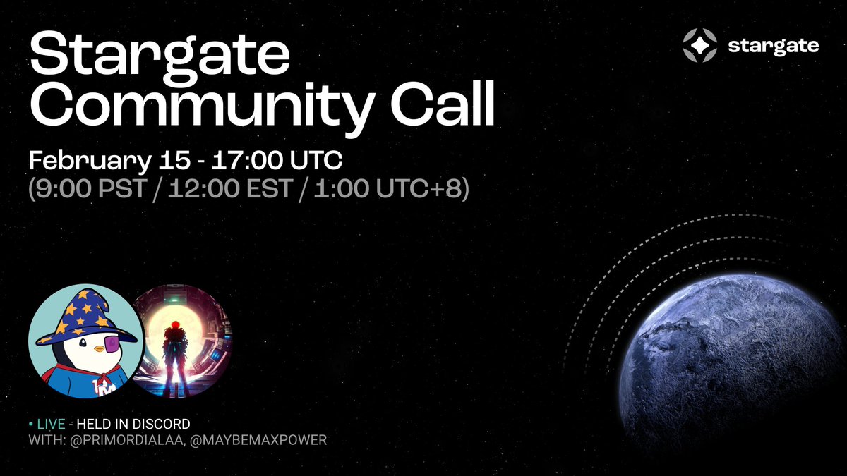 StargateFinance's tweet photo. ⏰ Reminder of the Stargate Finance Community Call today at 17:00 UTC (9:00 PST / 12:00 EST / 1:00 UTC+8). Held in Discord!

📕 Topics on this call:

📊 Recent Stats
🪡 Integrations
⚡️ Recent Proposals https://t.co/dH5g4lpeFH