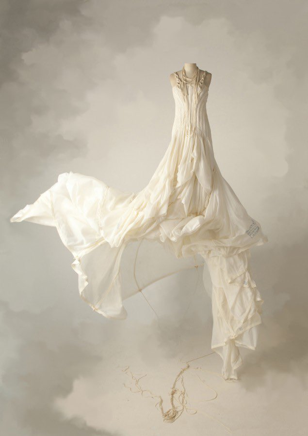 the parachute by genevieve graham a wedding dress created from a wwii parachute using draping and sculpture.