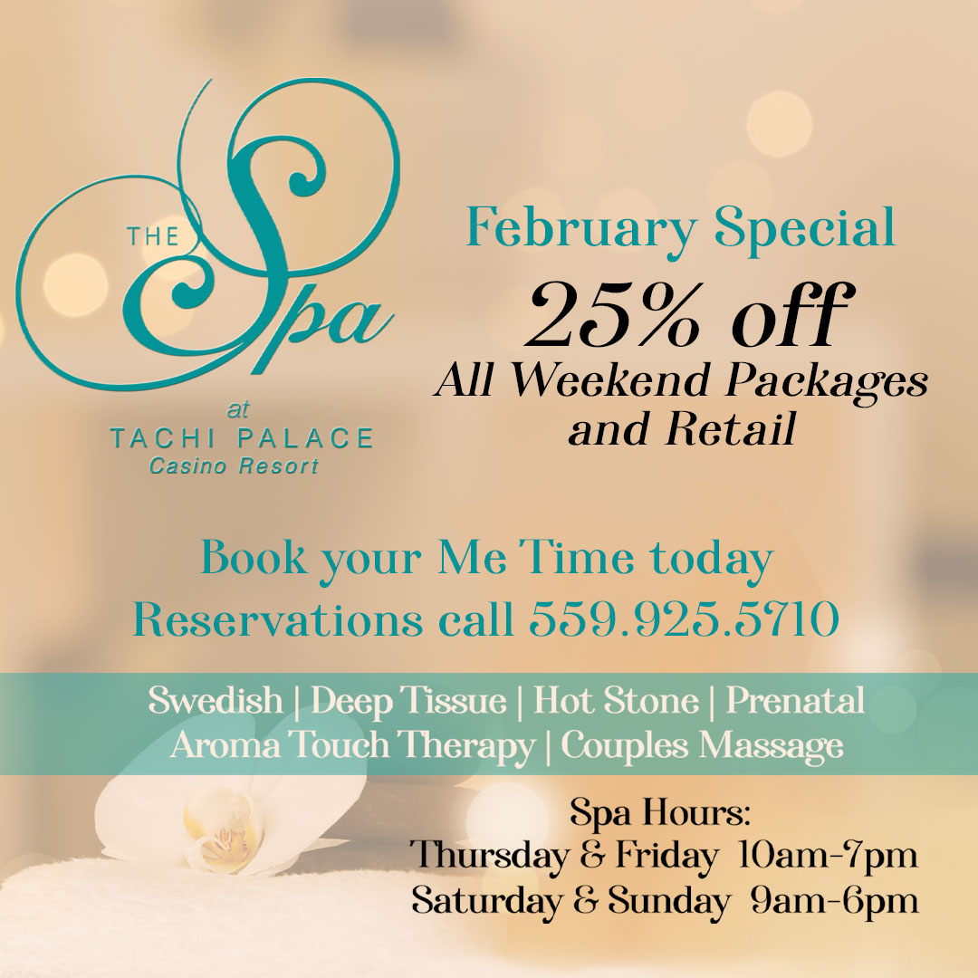 Craving some me time? ✨ All February long, get 25% off weekend packages and retail at the Spa at Tachi Palace! #TachiPalace #ThisIs40