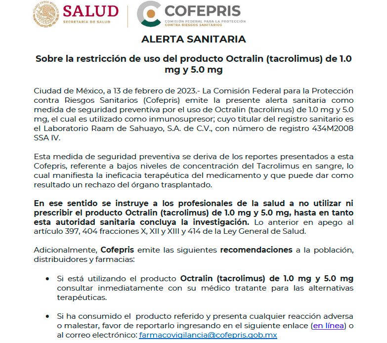 ALERTA SANITARIA por medicamento inmunosupresor.  Para pacientes con trasplante es GRAVÍSIMO. De eso depende nuestra vida. ¿Cuál es la solución para que no perdamos el órgano? <a href="/COFEPRIS/">COFEPRIS</a> <a href="/SSaludCdMx/">Secretaría de Salud Pública de la Ciudad de México</a> <a href="/SSaludCdMx/">Secretaría de Salud Pública de la Ciudad de México</a> <a href="/EmmanuelReyesC/">Emmanuel Reyes</a> <a href="/ectorjaime/">Dr. Éctor Jaime</a> <a href="/acarvajalh/">Alejandro Carvajal</a>  <a href="/FridaRomayHgo/">Frida Romay Hidalgo</a> <a href="/cerodesabasto/">Cero Desabasto 💊</a>