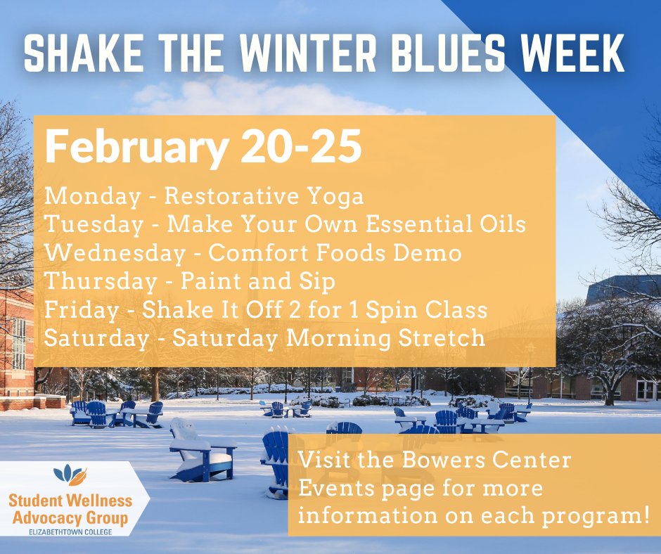 EtownRecWell's tweet photo. Does the cold air and short days have you down?  Warm up with RecWell’s Shake the Winter Blues Week! From Feb. 20 - Feb. 25, participate in multiple events to help you take care of your mental health during the winter months. For more info: https://t.co/ETPn7mvCyy https://t.co/luGZTZUNBT