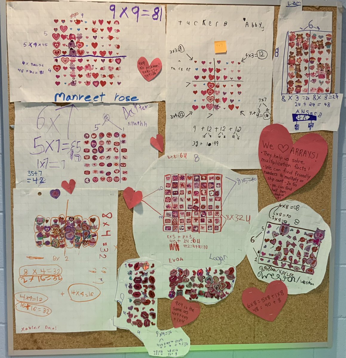 Grade 3/4 students at #SJM love arrays to solve multiplication facts! They can break up the arrays into friendly pieces to solve more efficiently and easily.  Valentine stickers for the win!  <a href="/erin_gower/">Erin Gower</a> <a href="/LKelempro/">LKDSB Elem Program</a>