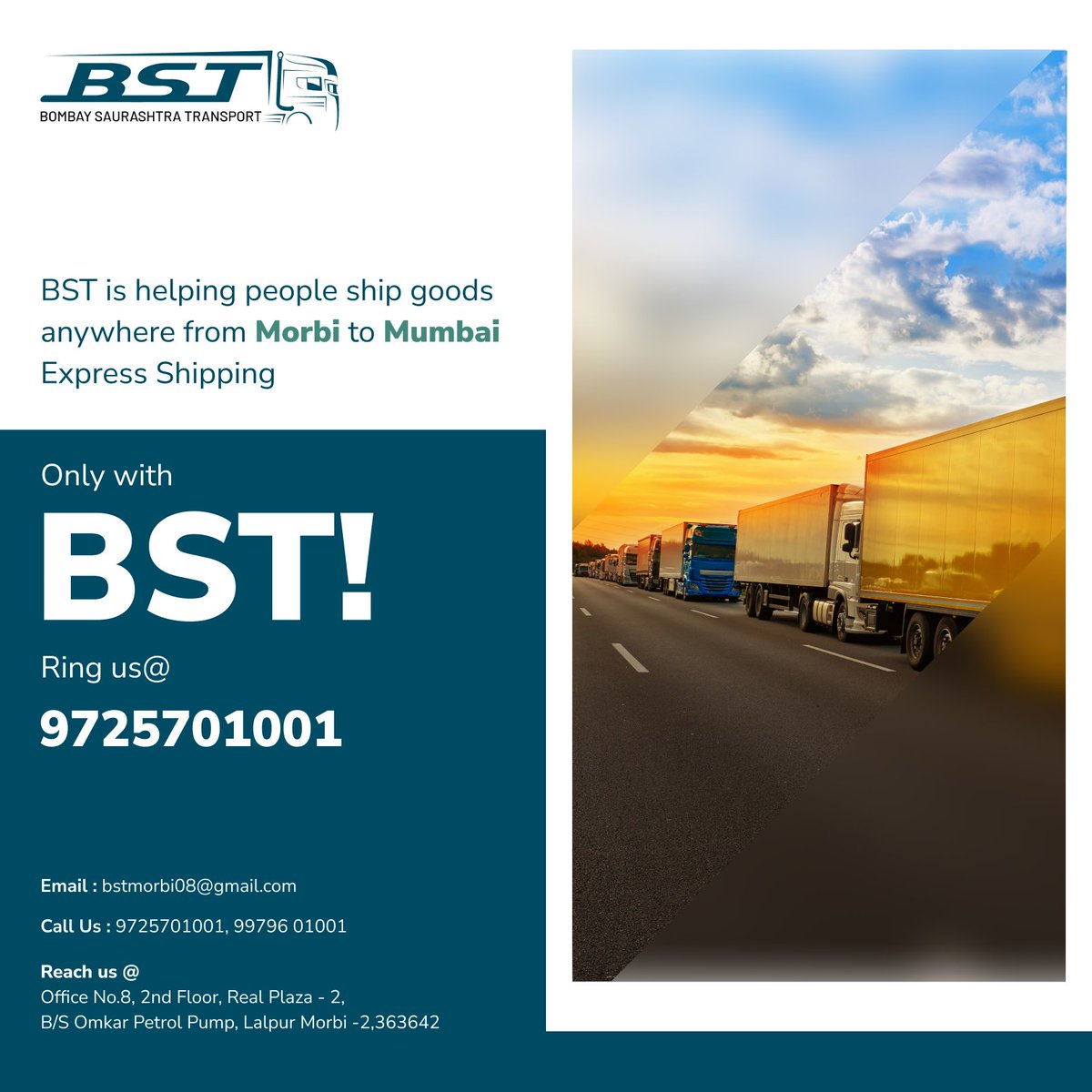 BSTmorbi's tweet photo. BST is helping people ship goods anywhere from Morbi to Mumbai Express Shipping.
Only with BST 
Ring us @ 9725701001

#BST #transport #partload #fullload #transportation #logistics #Morbitransport #Mumbaitransport #Punetransport #trucking #shipping https://t.co/hq79i2ozDV