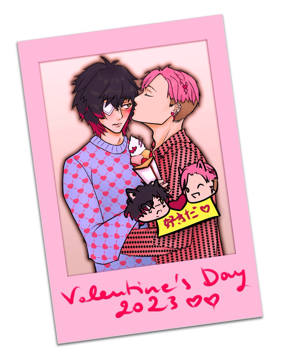 Hi <a href="/katrstjarna/">melly 🪷 loving the tough and tender days</a>! I was your #slowdamagesecretvalentine! <a href="/slowdamageparty/">Slow Damage💕Secret Valentine’s</a>
Rei still likes cute things from time to time, esp when it's his boyfriend. I think Towa lost a bet... Anyway... here's a picture of their date! Rei was so happy he made stickers of them together 💖