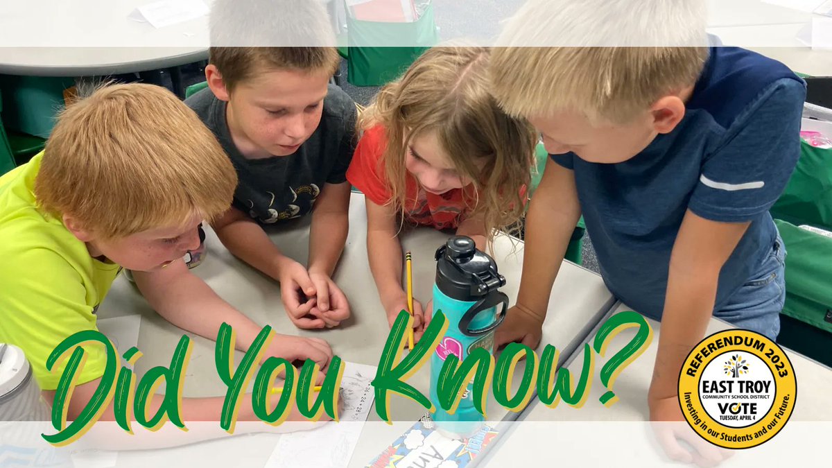 ETCSD's tweet photo. DID YOU KNOW: What will the Operational Referendum support?

✅  Help maintain programming &amp; staffing

✅ Help provide more predictability &amp; stability to the district

Make an informed vote: https://t.co/oXQW840jHy 

#ETlearningignitED #EastTroyReferendum2023 https://t.co/NDcFlBQc2O