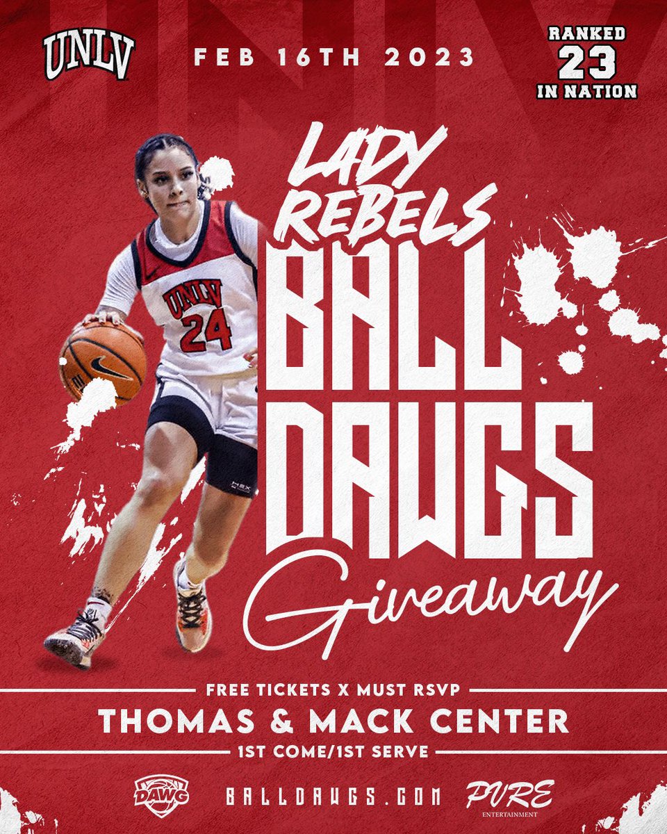theballdawgs's tweet photo. Excited to announce our 1st ever giveaway with @UNLVathletics 

This Thursday we are offering a limited amount of Free tickets to see our 23rd Ranked @UNLVLadyRebels !! 

Visit https://t.co/y99iR0RQYR for tix 
1st come, 1st serve! https://t.co/F3UFnwWqlU