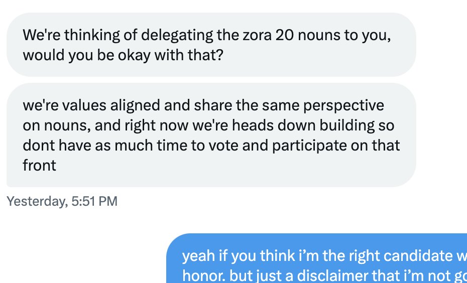hongkim__'s tweet photo. so.. @ourZORA just delegated their 20 nouns to me

this message from @js_horne last night proposing the delegation includes some context https://t.co/gSNLQZkIRI