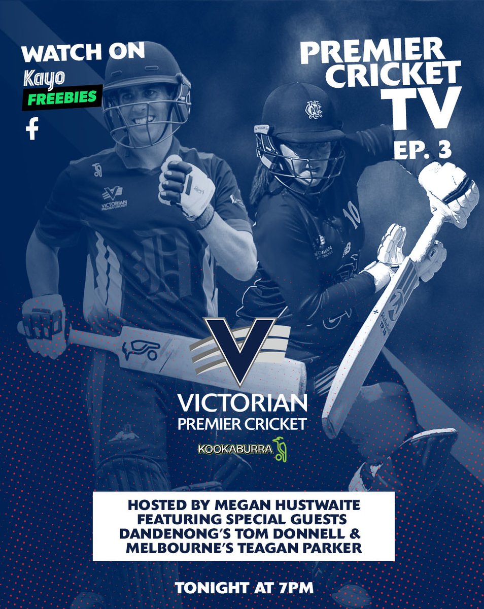 Tune in tonight on <a href="/kayosports/">Kayo Sports</a> at 7pm for Episode 3 of <a href="/vicpremcricket/">Vic Premier Cricket</a> TV as <a href="/MeganHustwaite/">Megan Hustwaite</a> is joined by special guests: <a href="/DandenongCC/">Dandenong CC</a> games record holder Tom Donnell, <a href="/MelbCC/">Melbourne CC</a> Women's Captain/Coach Teagan Parker &amp; former <a href="/boxhillcc/">Box Hill Cricket Club</a>/<a href="/EMPLCC/">EMP</a> star Cassie Brock 📺🏏