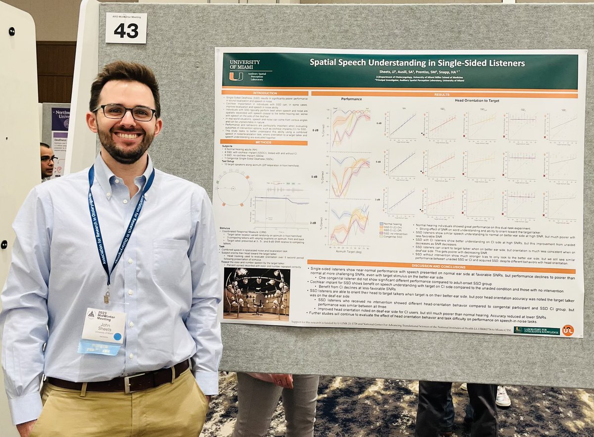 Hillary Snapp (@drsnapp) on Twitter photo Congratulations to our postdoctoral clinical fellow in hearing implants 👉<a href="/jj_sheets/">JJ Sheets</a> on his <a href="/AROMWM/">ARO</a> presentation on spatial hearing in #SSD listeners! #ASPLab <a href="/umiamimedicine/">Miller Medicine</a> <a href="/UMiamiHealth/">UMiami Health System</a> #HEARforU Congratulations to our postdoctoral clinical fellow in hearing implants 👉<a href="/jj_sheets/">JJ Sheets</a> on his <a href="/AROMWM/">ARO</a> presentation on spatial hearing in #SSD listeners! #ASPLab <a href="/umiamimedicine/">Miller Medicine</a> <a href="/UMiamiHealth/">UMiami Health System</a> #HEARforU
