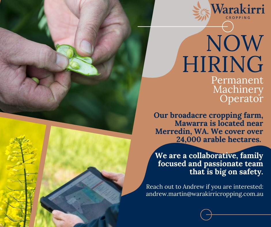 Warakirri Cropping - Mawarra at Merredin is looking for a self motivated and experienced Machinery Operator to join our team. Please share, apply via the below links or contact myself for a conversation about the role.

aus01.safelinks.protection.outlook.com/?url=https%3A%…

aus01.safelinks.protection.outlook.com/?url=https%3A%…