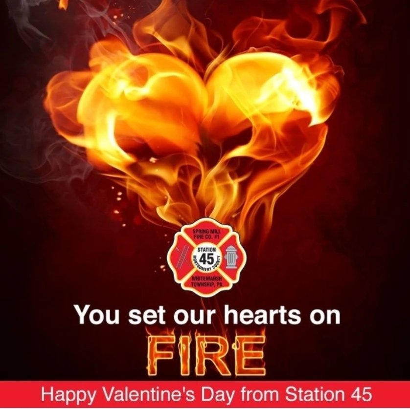 SpringMillFire's tweet photo. First Responders set our hearts on fire! 🔥 Happy Valentine's day from Spring Mill Fire Company. 
#HappyValentinesDay
#FirstResponders
#Volunteers #Community
#HeartsOnFire #firefighters #rescuedivers #firepolice https://t.co/NDxD1d1tN2
